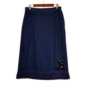 Basic Editions Women's Denim Maxi Skirt Embroidered Flowers Dark‎ Wash Size 12